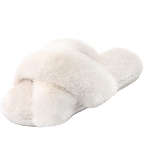 Parlovable Women's Fuzzy Cross Band Slippers, Memory Foam House Shoes with Anti-Slip Rubber Sole, Open Toe Plush Fleece Indoor Slippers for Ladies, Cozy Gifts for Women Off-white 7-8