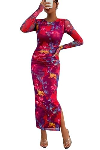 CFLONGE Women's Fall Dresses Floral Print Tight Fitted Long Sleeve Dress for Women Bodycon Cocktail Wedding Guest Maxi Dress(Navy Red Big Floral,Large)