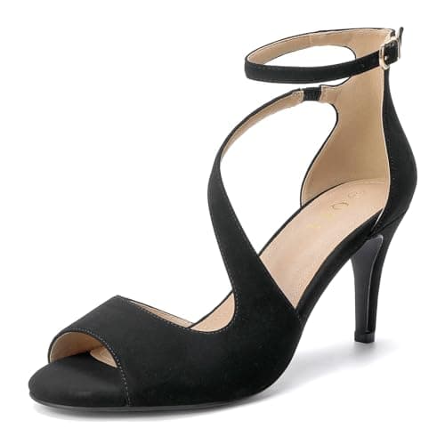 QKL Women's High Heels Round Open Toe Dress Shoes Ankle Strap Stilettos Sexy Sandals Black Nubuck, 9