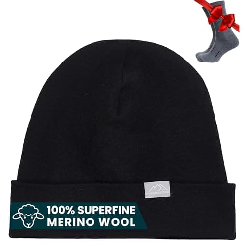 Merino Wool Beanie Men and Women – Novelty Cuff Merino Wool Hats for Men and Women - Unisex Adult Beanie Hat and Socks (Black, Large-XLarge)