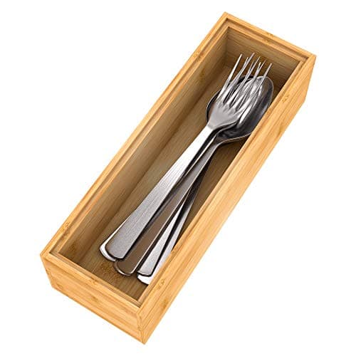 Utensil Organizer Silverware Drawer Organizer - Stackable Bamboo Flatware Caddy Cutlery Holder, Wooden Storage Boxes Tray for Bedroom,Office, Bathroom, Vanity & Garage Tool Organization(9"3"2.5")