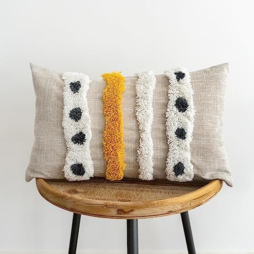 VANNCIO Boho Tufted Lumbar Throw Pillow Cover with Handwoven Stripes, Linen Cotton Simple Decorative Cushion Case for Couch Sofa, 1 PC (Beige Yellow, 12x20 inch)
