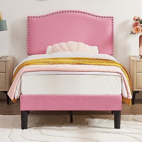 VECELO Twin Bed Frame, Platform Bed Frame with Adjustable Height Upholstered Headboard, Heavy-Duty Frames and Strong Wooden Slats Support, Non-Slip and Noise-Free, Easy Assembly, Pink