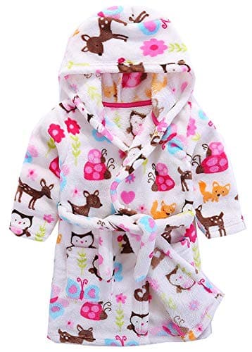 Girls Bathrobes, Plush Soft Coral Fleece Animal Print Hooded Sleepwear for Kids(Owl,18-24M)