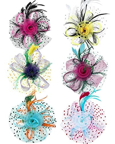 Cindeer 6 Pcs Fascinators Hats for Women, Tea Party Hats with Feathers Cocktail Mesh Flower Hair Clip for Wedding Party(Classic Color)