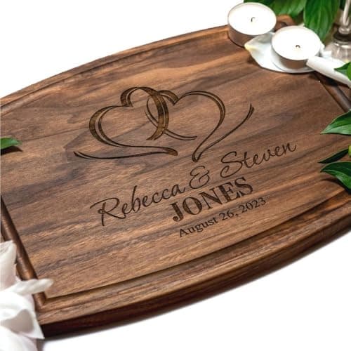 Personalized Cutting Board, Custom Wedding, Anniversary or Housewarming Gift Idea, Wood Engraved Charcuterie, for Newlyweds and Couples, Two Hearts Design 027.
