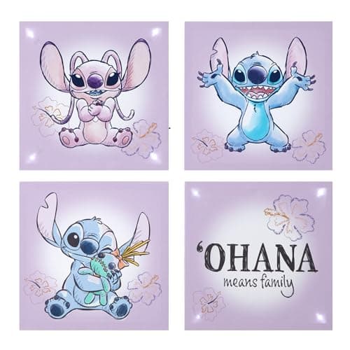Disney Stitch 4-Pack Canvas LED Wall Art Set,Children’s Hanging Wall Décor for Bedroom & Playroom, Each Piece 11" x 11"