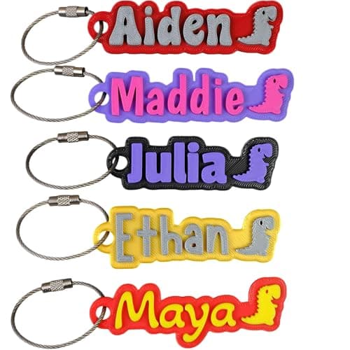 SuperFineDeesigns Bag and Water Bottle Name Tag – Personalized Bag Label with Stainless Steel Cable – Custom Durable 3D Printed Name Tag for Backpack & Sports Bottles with Dinosaur Icon