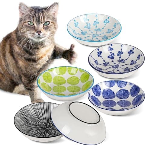 Ceramic Cat Bowls with Non-Slip Silicone Bottom,6 Pack Cat Food Bowl,Anti Whisker Fatigue Cats Dishes for Indoor Cats,Healthy Ceramic Kitten Plates for Daily Feeding Gift Choice (Classic)