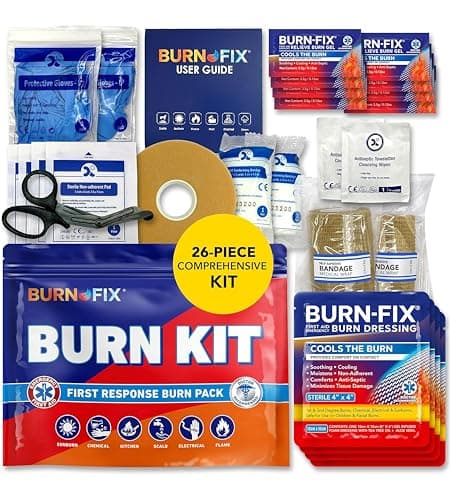 BurnFIX® Burn Kit First Aid Recommended by Doctors, Comprehensive 25pcs First Aid Kit Includes Burn Gel, Burn Dressing, Gloves, Scissors, Wipes for Quick Burn Relief - Sunburn, Electrical, Flame Burns