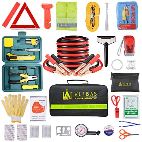 WETBAS Car Roadside Emergency Kit, Auto Vehicle Safety Emergency Road Side Assistance Kits Essentials, with Jumper Cables, Safety Hammer, Reflective Warning Triangle