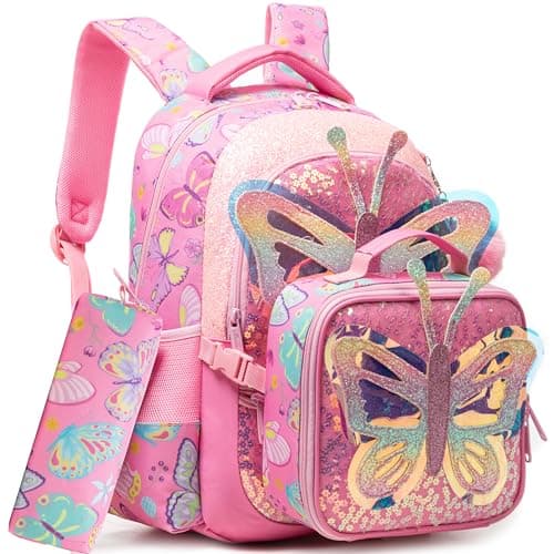 Meetbelify Backpacks for Girls School Backpacks with Lunch Box Pencil Case for Elementary Students Ages 8-10 Kids Travel Backpack 3 in 1 Backpack Set for Girls Butterfly