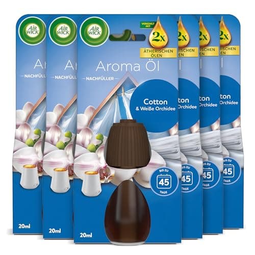 Air Wick Aroma Oil Bottle Refill - Cotton and White Orchid Fragrance - Fresh Home Fragrance with Essential Oils - 6 x 20 ml Fragrance Oil Set