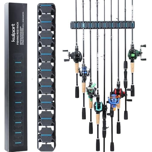 KULPORT Fishing Rod Holder, Wall-Mounted Fishing Rod Rack, Vertical Fishing Pole Holder Holds Up to 9 Rods or Combos, Fishing Rod Rack for Garage Organization System & Fits Most Rods