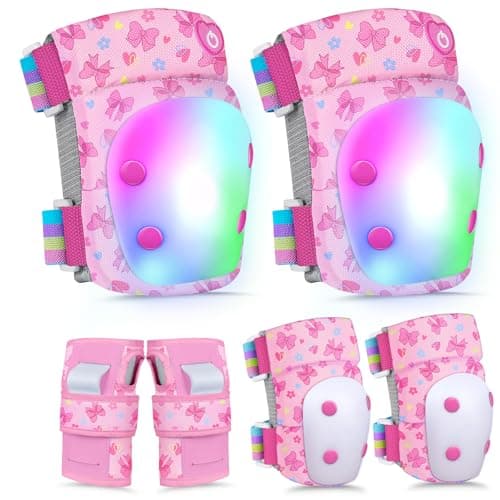 Lemmeko Knee Pads for Kids with LED Lights, Kids Knee Pads and Elbow Pads Wrist Guards Set with Drawstring Bag for Girls 3-8 Years Adjustable Protective Gear Set for Scootering Cycling Skateboarding