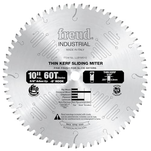 Freud LU91M010: 10" x 60T Thin Kerf Sliding Compound Miter Saw Blade