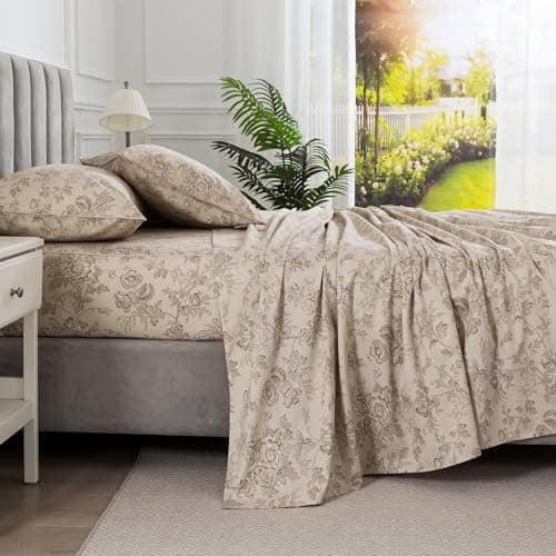 Puralens Vintage Beige Floral Sheets, California King 100% Cotton Percale Neutral Flower Farmhouse Bed Sheet Set, Soft Crisp Deep Pocket Patterned Fitted Sheet, Luxury Aesthetic Cottage Bedding, 4Pcs